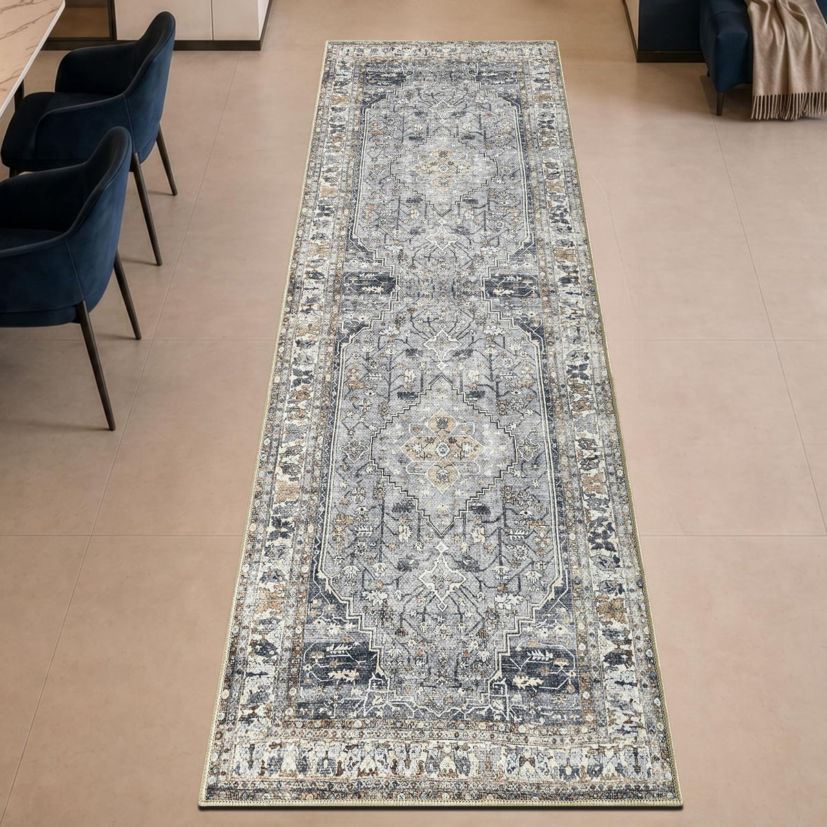 Keen Home Design Vintage Washable Runner Rug, Non-Slip Low Pile, 2x7 - Smoke Grey/ Cold Green view 3
