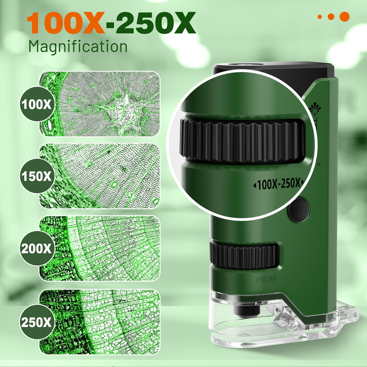 100x-250x Mini Pocket Microscope for Kids Adults - Green view 1