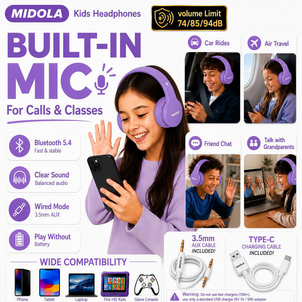 Kids Bluetooth Headphones Wireless - Light Purple view 5