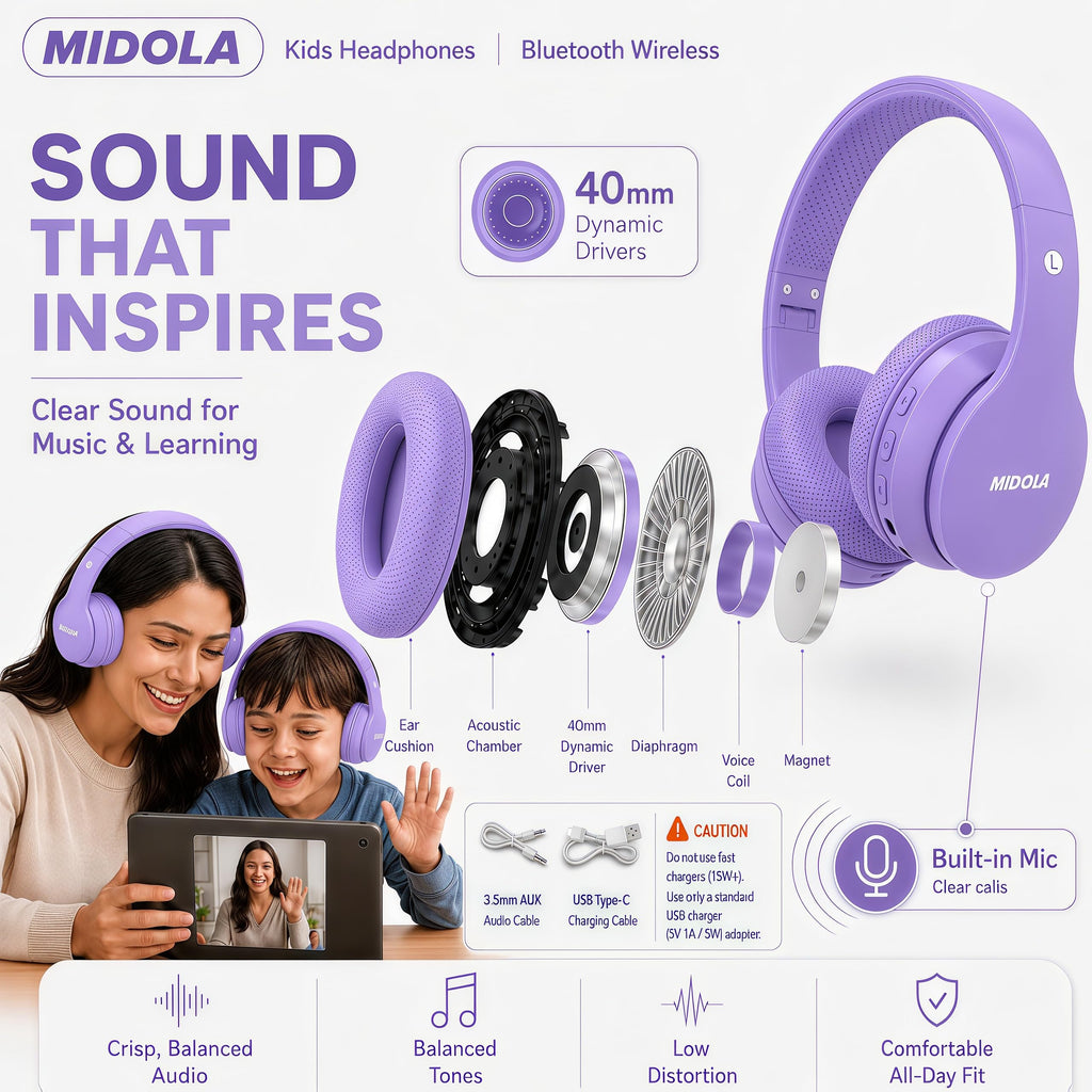 Kids Bluetooth Headphones Wireless - Light Purple view 6