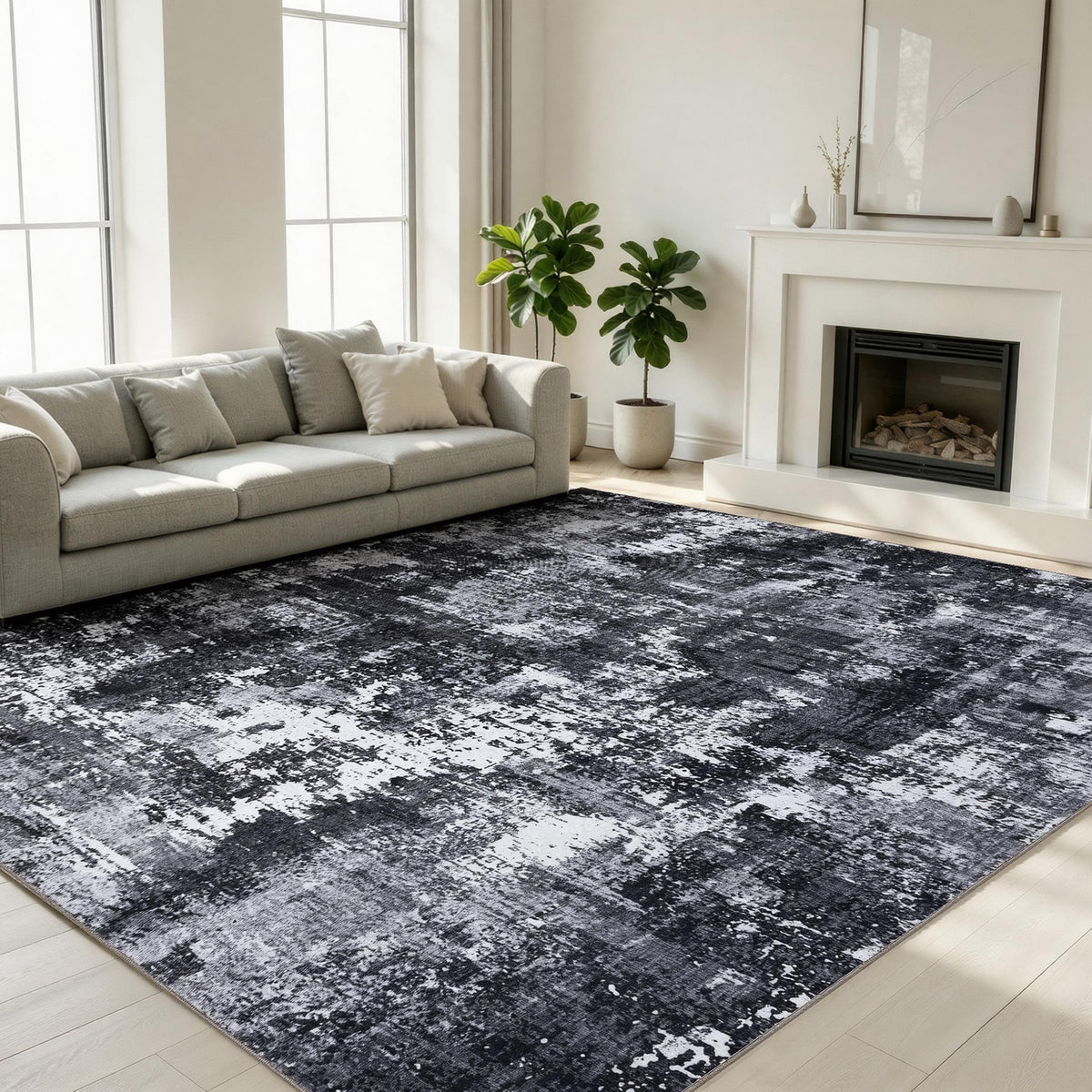 Sasttie 6x9 Washable Area Rug, Modern Abstract Carpet, Black & White