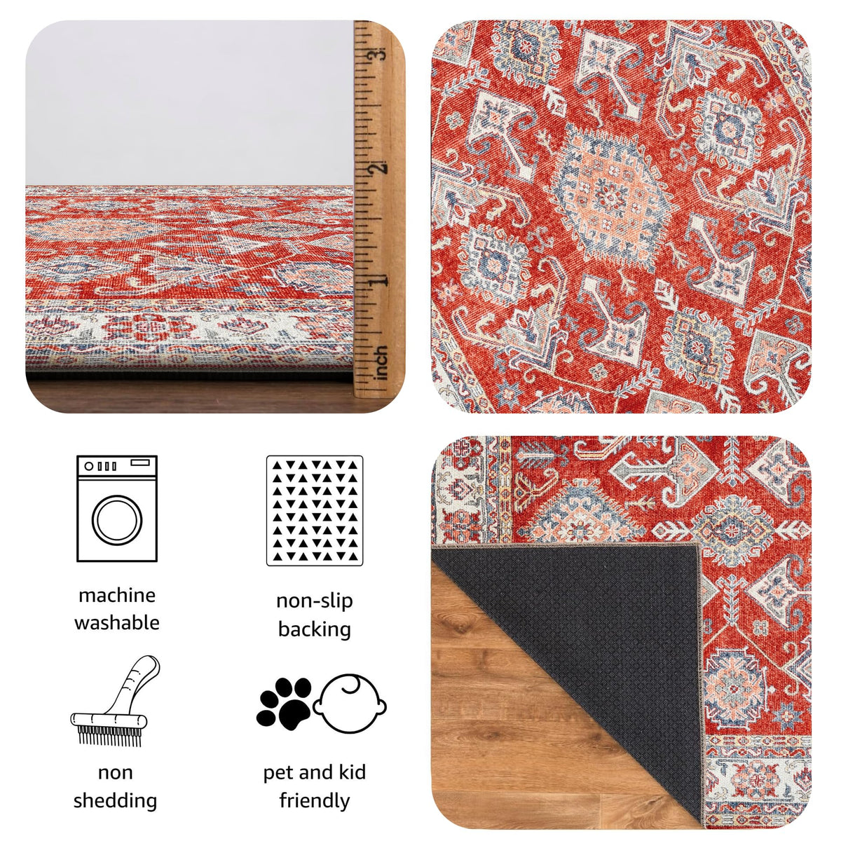Keen Home Design Vintage Washable Runner Rug, Non-Slip Low Pile, 2x7 - Terracotta/Rust view 6