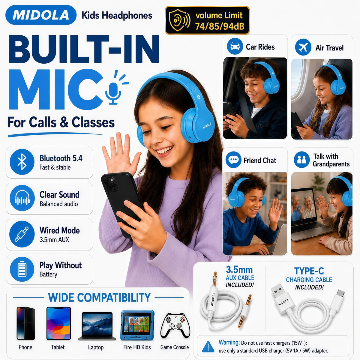 Kids Bluetooth Headphones Wireless - Blue view 5