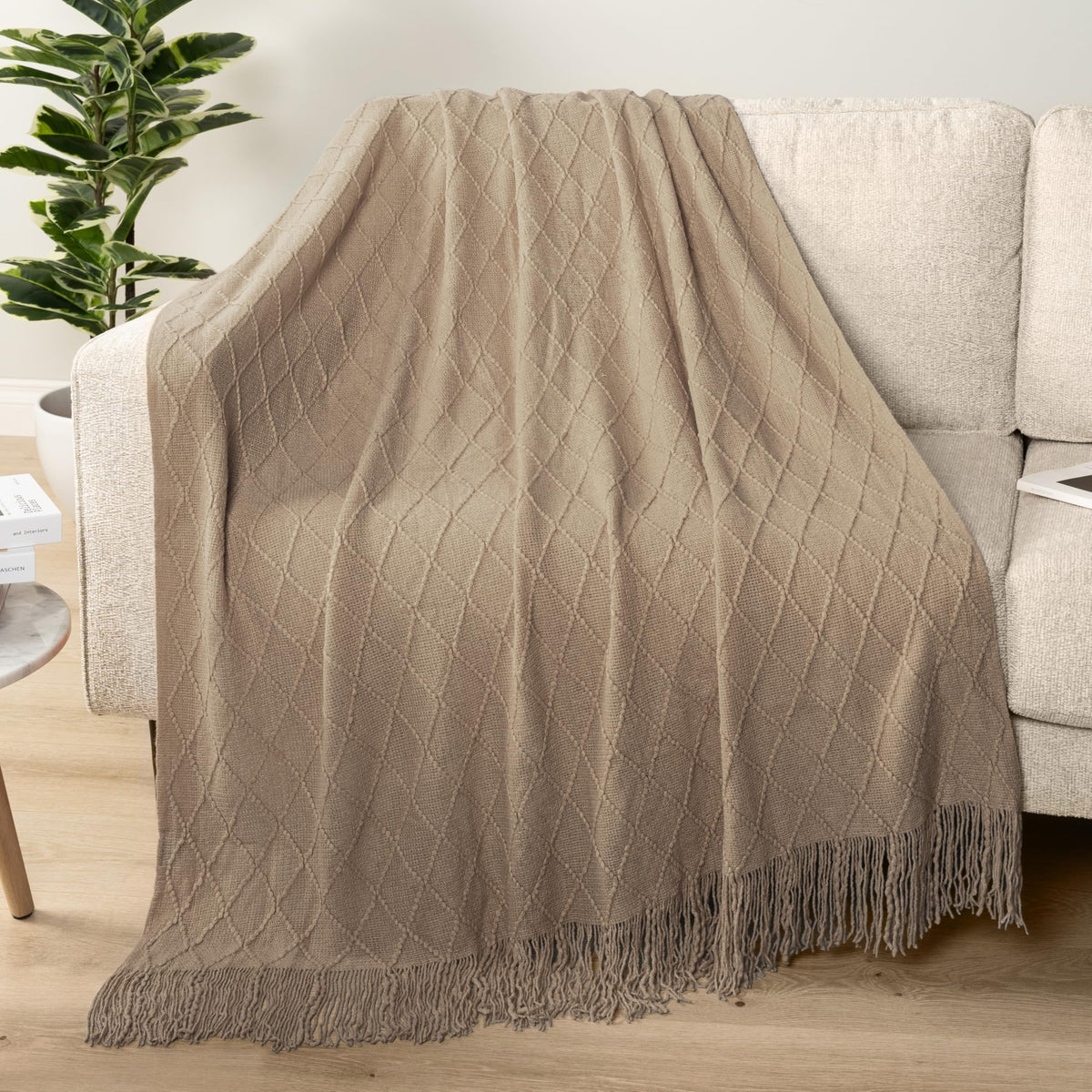 PAVILIA Knit Throw Blanket, Soft Knitted Farmhouse - Tan Taupe / 60 X 80 Inches - Twin view 6