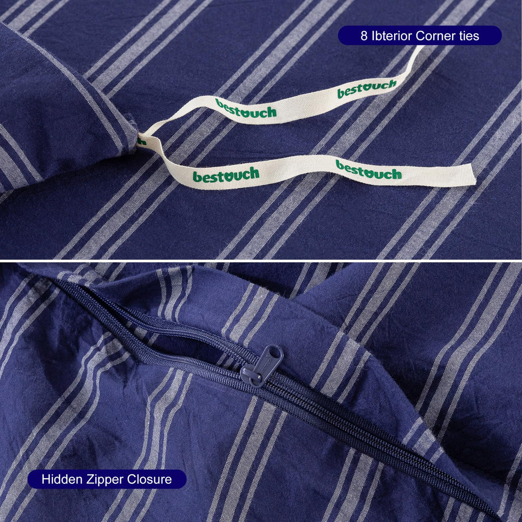 BESTOUCH Cotton Solid Duvet Cover Set Linen Feel - Stripes - Navy Blue/ White (No Comforter) / Queen (90" X 90") view 6