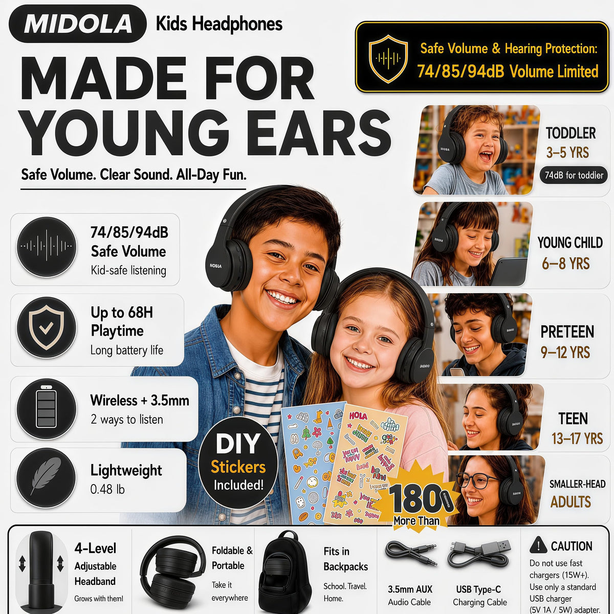 Kids Bluetooth Headphones Wireless - Black view 1