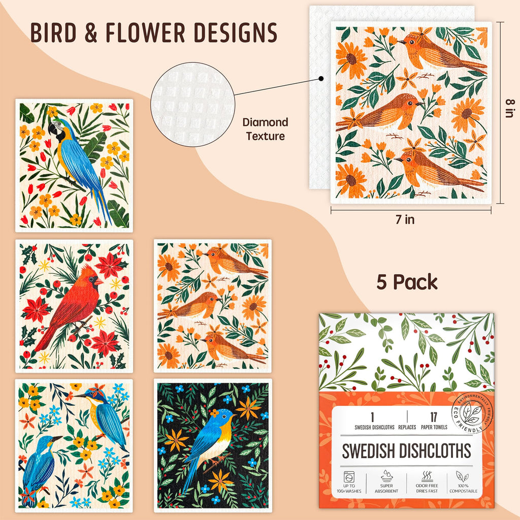 Augine Swedish Dishcloths for Kitchen, Reusable Paper Towel - 5 Count- Flowers and Birds view 1