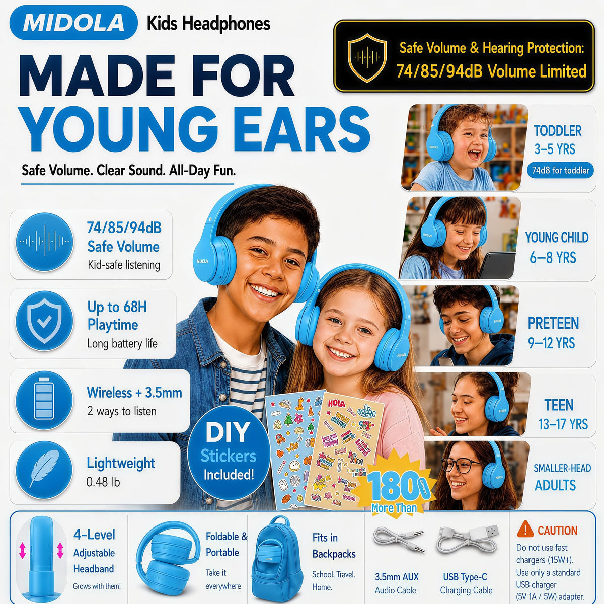 Kids Bluetooth Headphones Wireless - Blue view 1