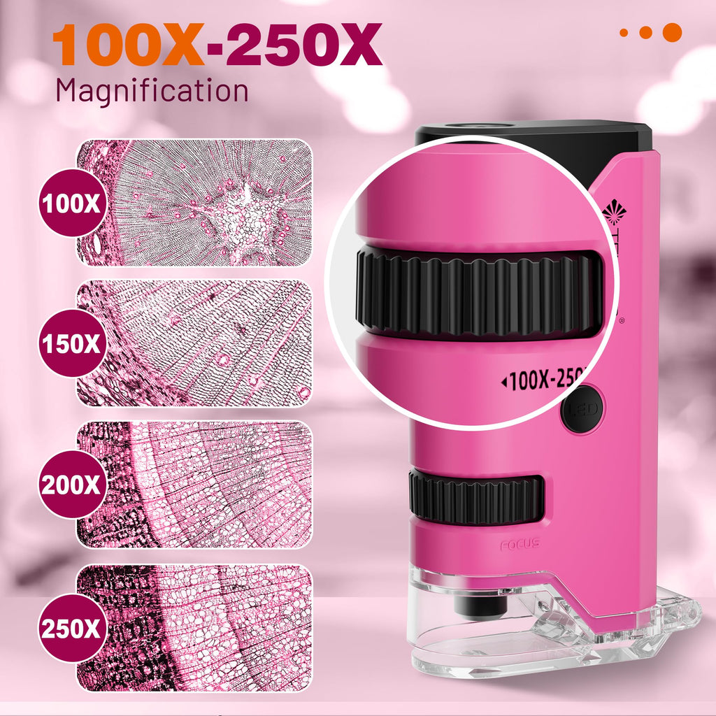 100x-250x Mini Pocket Microscope for Kids Adults - Pink view 1