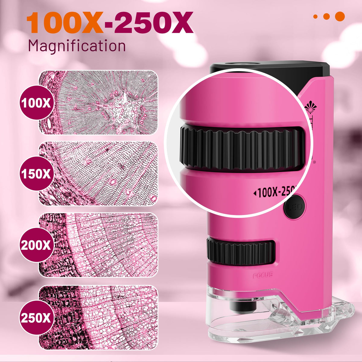 100x-250x Mini Pocket Microscope for Kids Adults - Pink view 1
