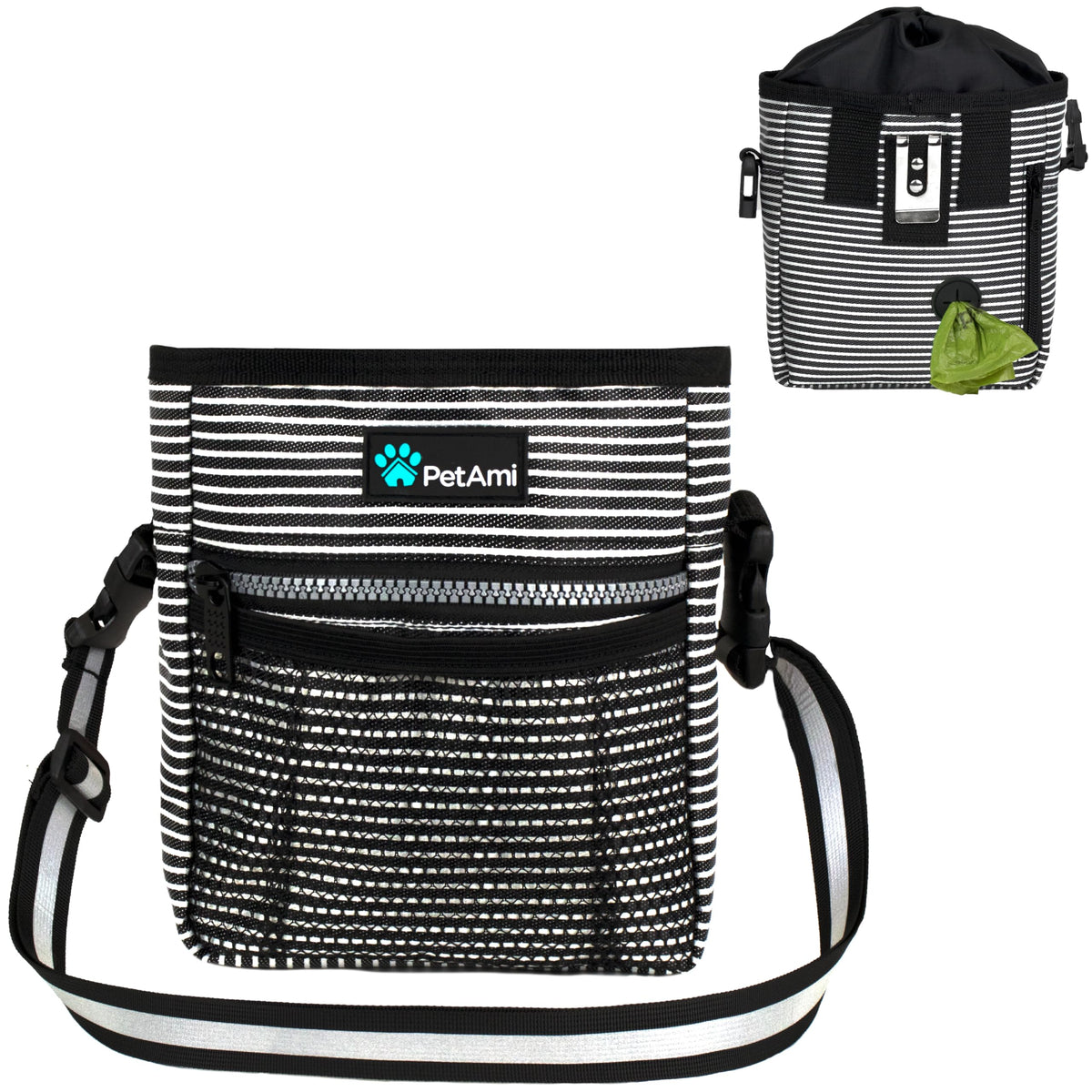 PetAmi Hands Free Dog Treat Pouch for Training and Walking - Black Stripes