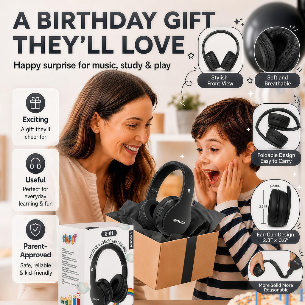 Kids Bluetooth Headphones Wireless - Black view 3