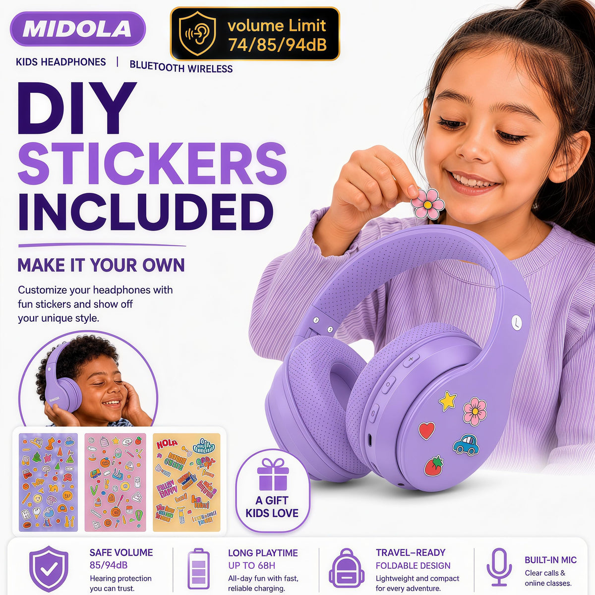 Kids Bluetooth Headphones Wireless - Light Purple view 7
