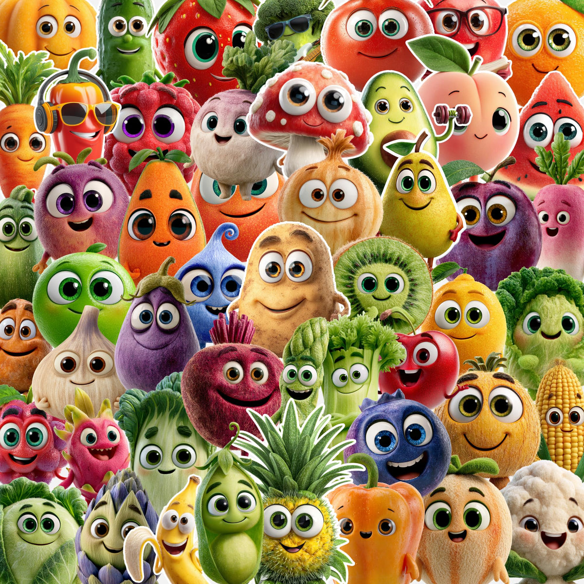 Cute Food Fruit & Vegetable Stickers for Kids, 50 PCS – 2.5-Inch | Vegan Stickers for