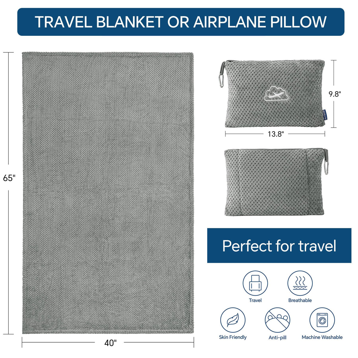 BEDELITE Travel Blanket with Bag, Jacquard Fleece Blanket 65"x40" - Grey view 4