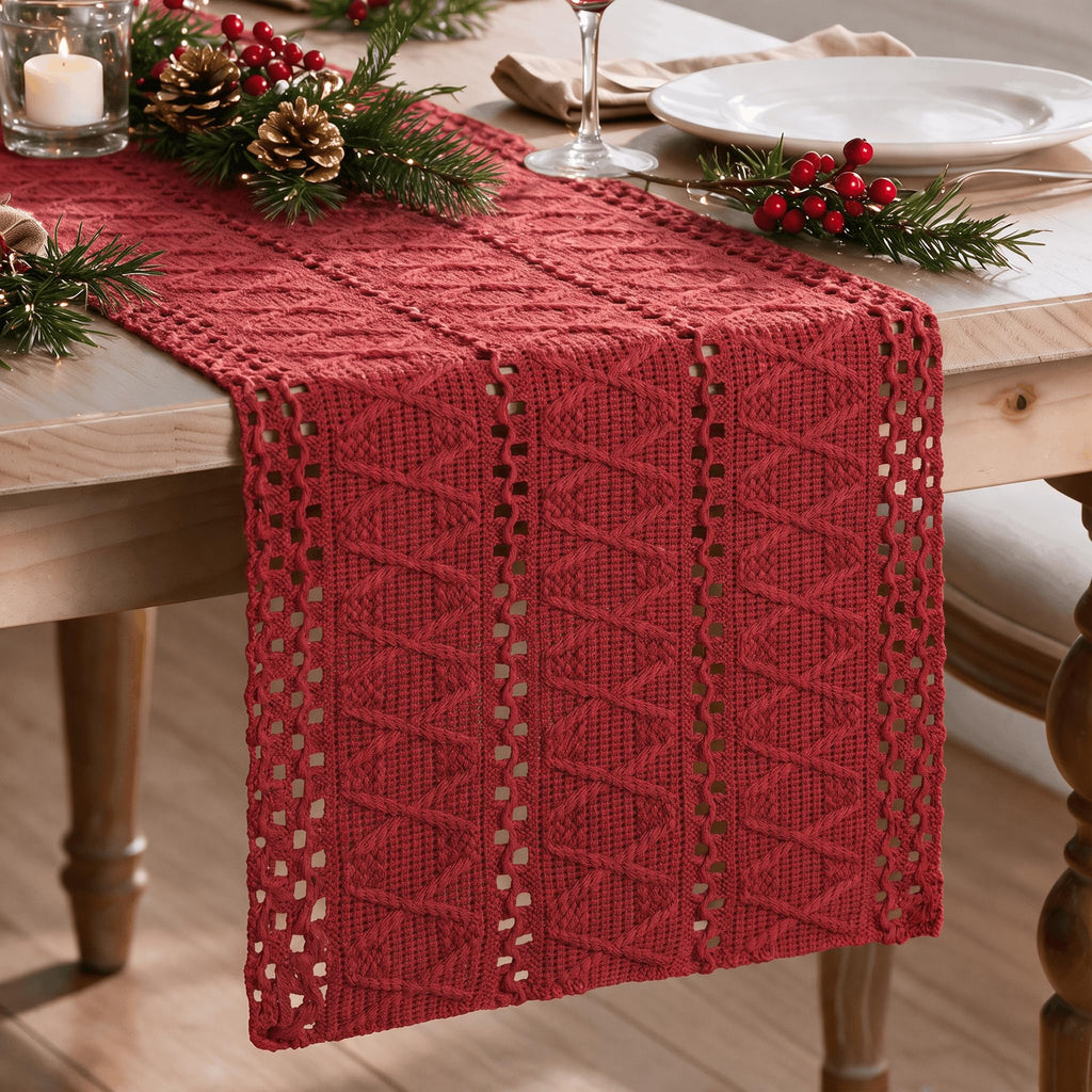 Artoid Woven Farmhouse Hollow Table Runner - Rose Red / 12" x 48", Table Runner view 1