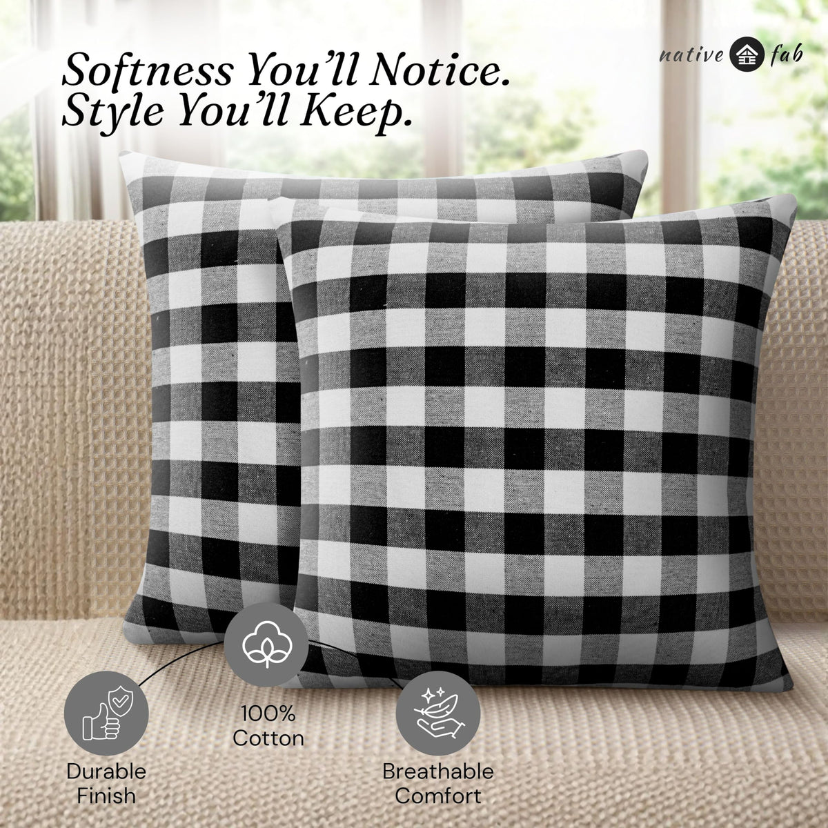 Native Fab Throw Pillow Cushion Cover for Sofa Couch Bed Comfort - Gingham Black / 20" x 20" (Pack of 2) view 3