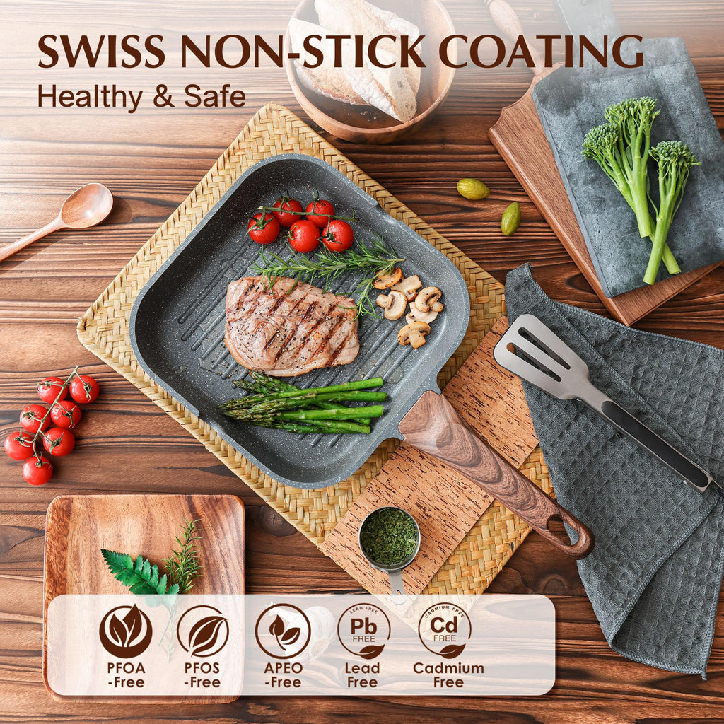 SENSARTE Nonstick Grill Pan for Stove Tops, Versatile Griddle with Pour Spouts, Square Big Cooking Surface, Durable (Pack of 3)