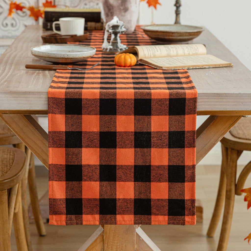 AQOTHES Plaid Fall Thanksgiving Table Runner - Orange Black / 13" x 72"