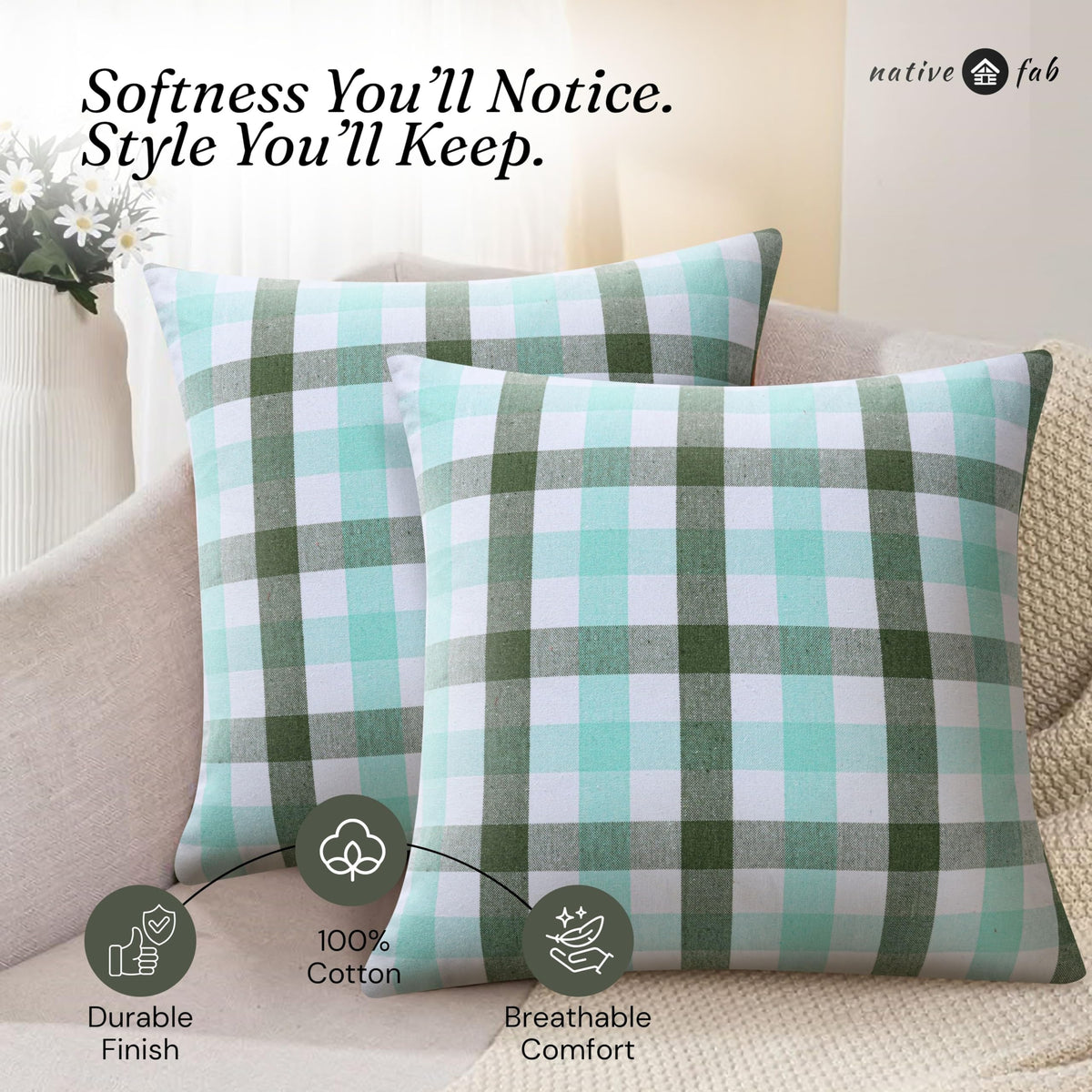 Native Fab Throw Pillow Cushion Cover for Sofa Couch Bed Comfort - Gingham Coastal Seafoam & Mint Green / 16" x 16" (Pack of 2) view 6