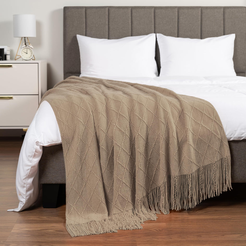 PAVILIA Knit Throw Blanket, Soft Knitted Farmhouse - Tan Taupe / 60 X 80 Inches - Twin view 1