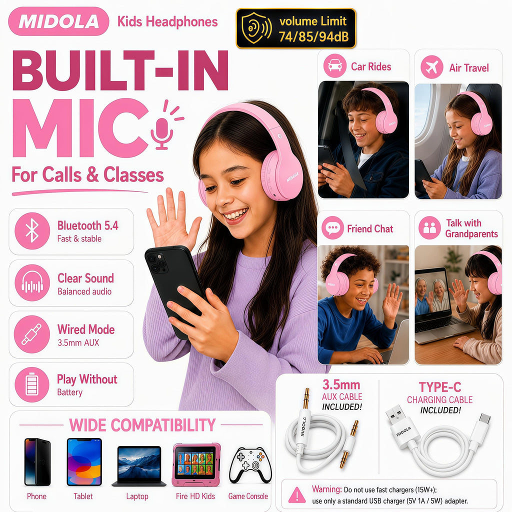 Kids Bluetooth Headphones Wireless - Pink view 5