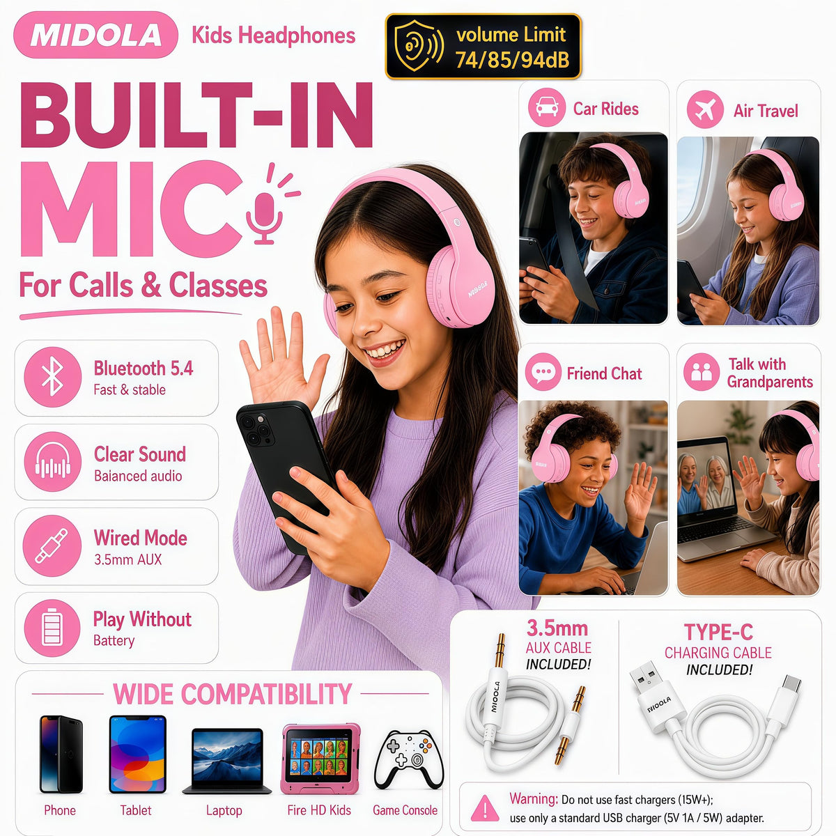 Kids Bluetooth Headphones Wireless - Pink view 5