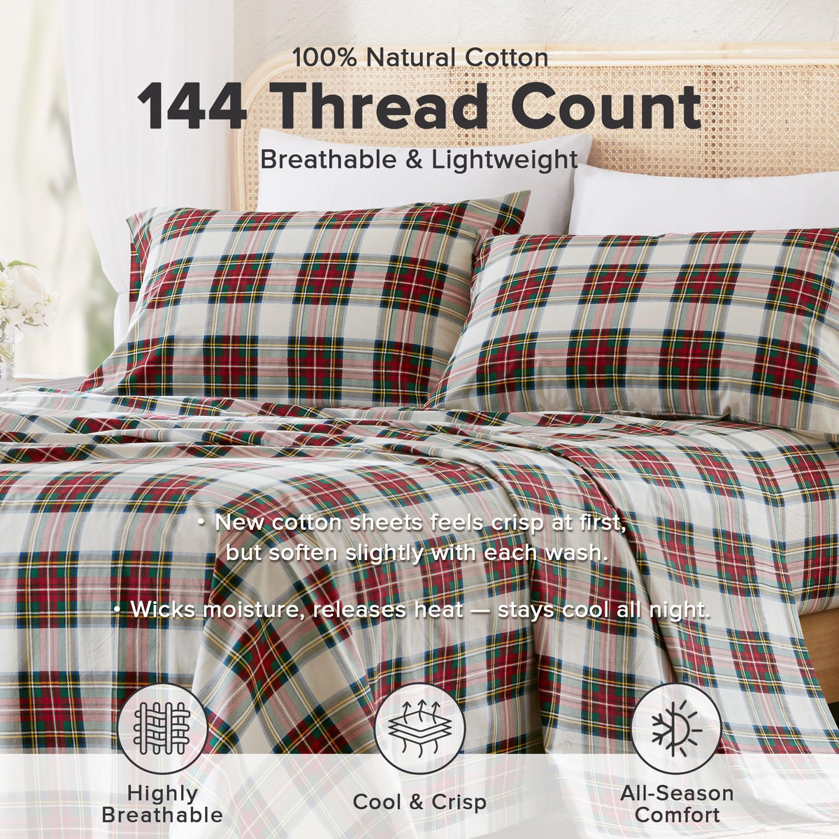 Comfort Spaces 100% Cotton Percale Sheets King Size Sheet Set, – 4 Piece (CS20-1913) (Pack of 4)