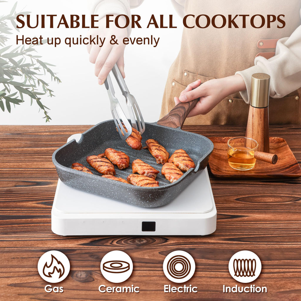 SENSARTE Nonstick Grill Pan for Stove Tops, Versatile Griddle with Pour Spouts, Square Big Cooking Surface, Durable (Pack of 3)