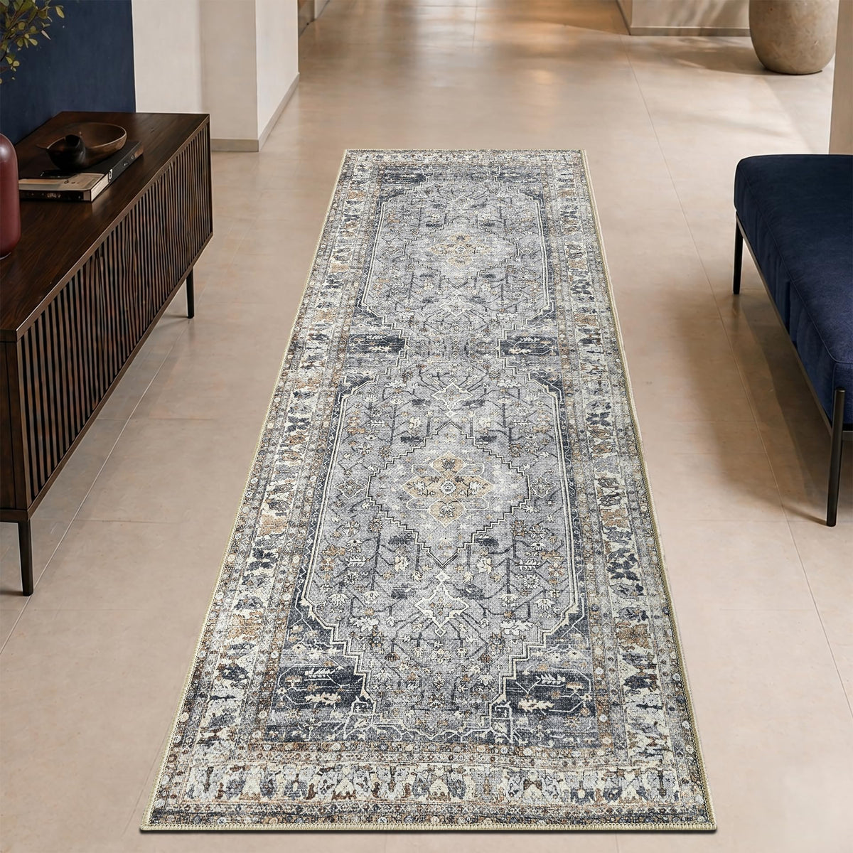 Keen Home Design Vintage Washable Runner Rug, Non-Slip Low Pile, 2x7 - Smoke Grey/ Cold Green