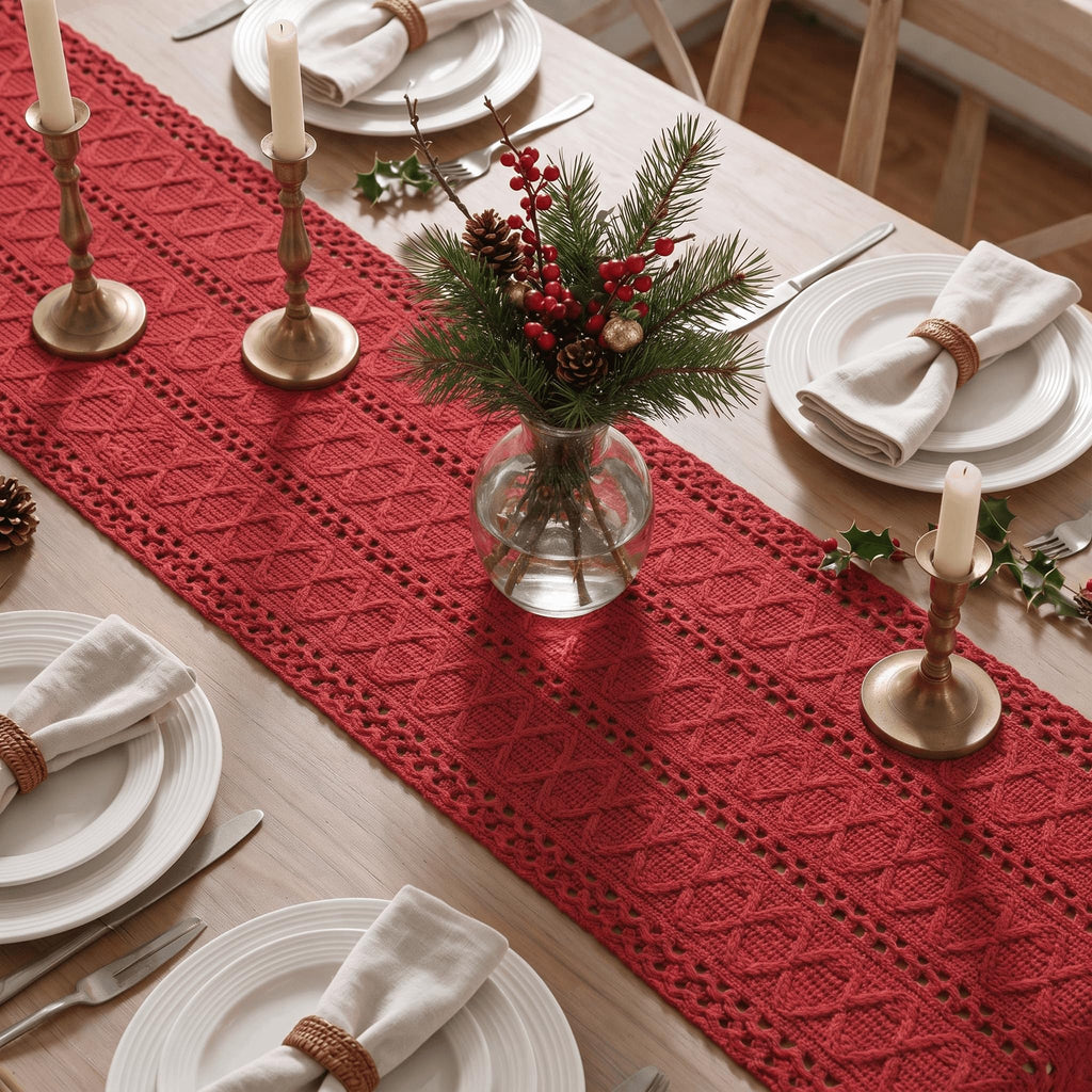 Artoid Woven Farmhouse Hollow Table Runner - Rose Red / 12" x 48", Table Runner view 3