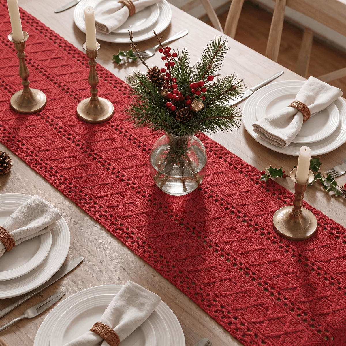Artoid Woven Farmhouse Hollow Table Runner - Rose Red / 12" x 48", Table Runner view 3