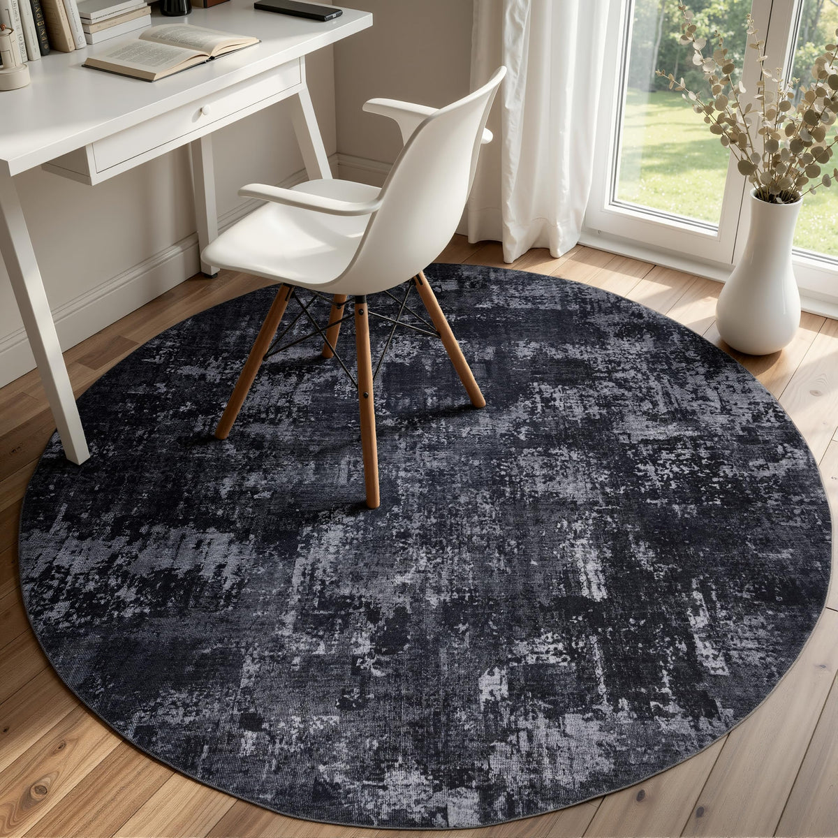 Sasttie 4ft Round Area Rug, Modern Abstract Circle Carpet, Black & Grey