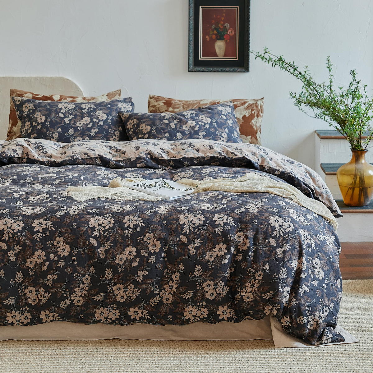 Simple&Opulence 100% Muslin Cotton Duvet Cover - Botanical - Navy / Queen